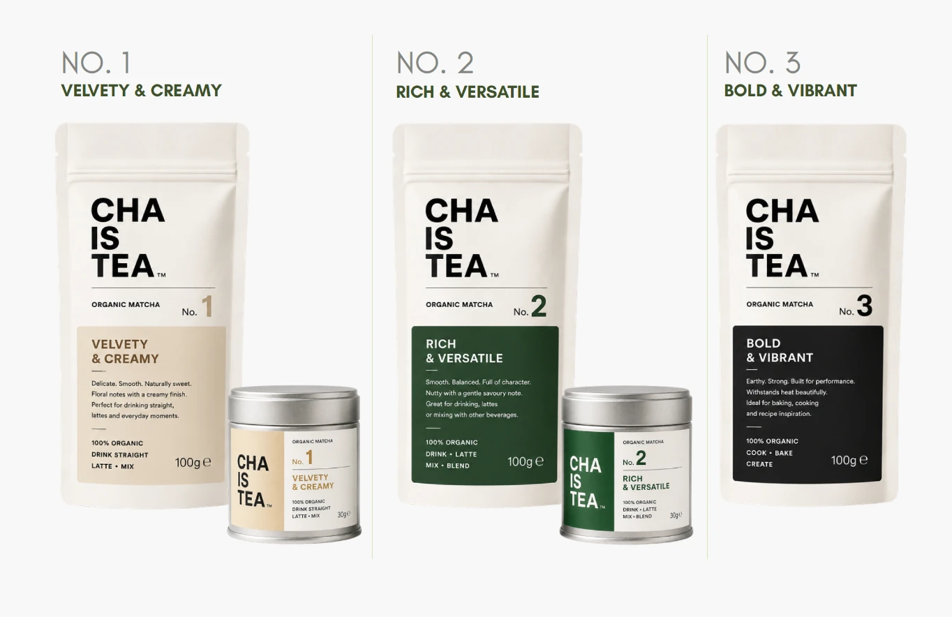 CHA IS TEA organic matcha No. 1 Velvety & Creamy, No. 2 Rich & Versatile and No. 3 Bold & Vibrant